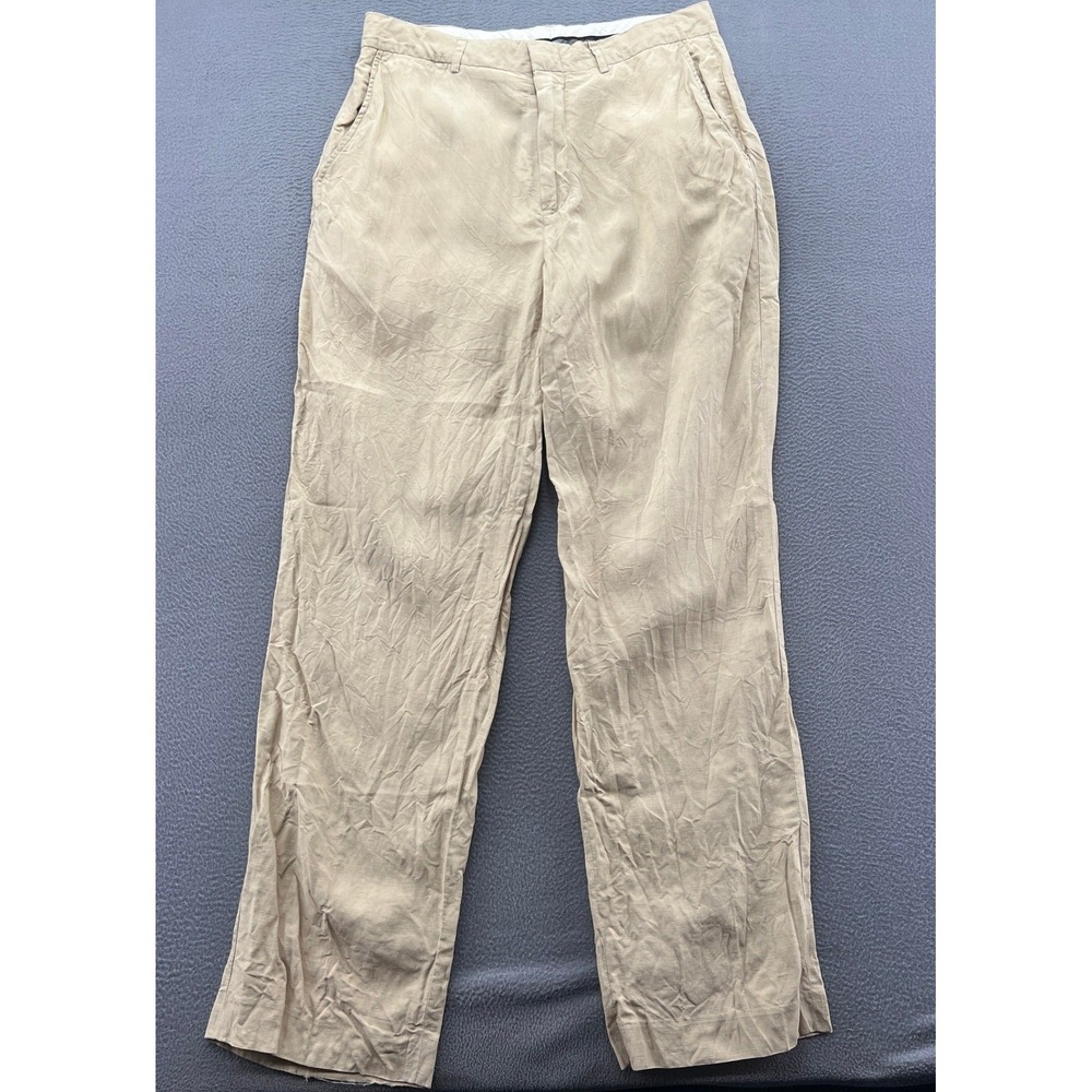 VTG Polo Ralph Lauren Pants Mens 33x32 Linen Silk Tan Straight Leg Flat Front